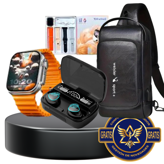 T20 Ultra Smart Combo 3 en 1 – Reloj Inteligente + Bolso Antirrobo + Audífonos M10